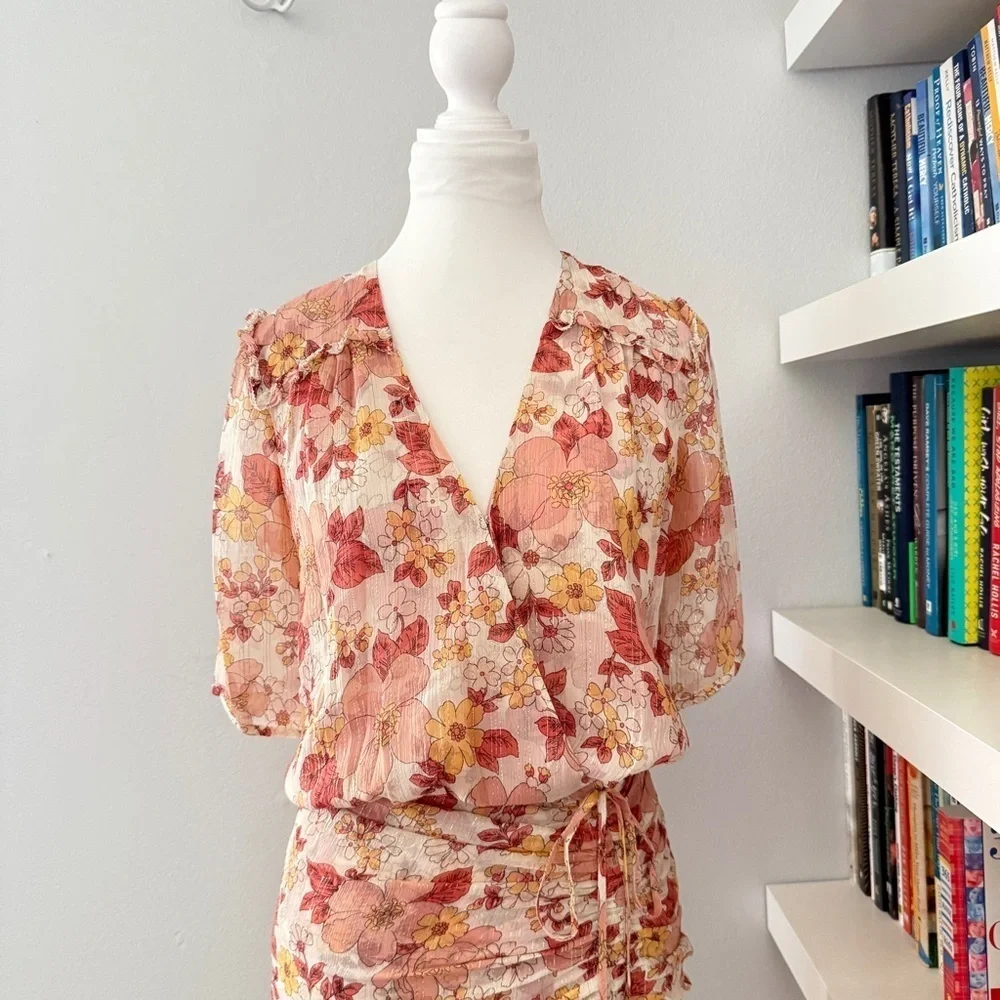 VERONICA BEARD Dakota Dress in Floral Multi Silk Ruched V- Neck Size 2